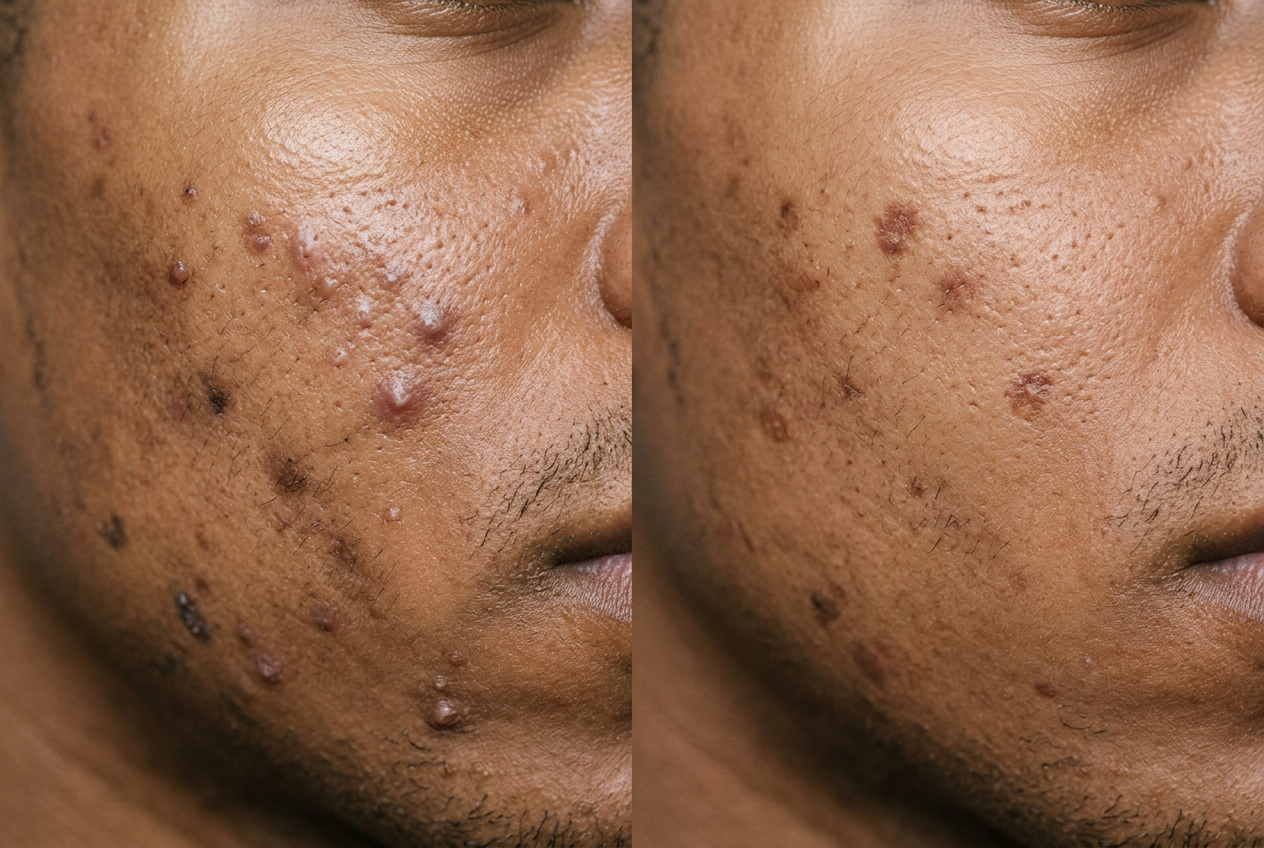Before and after Gentle Cleanse — Malik, 31 · acne-prone skin